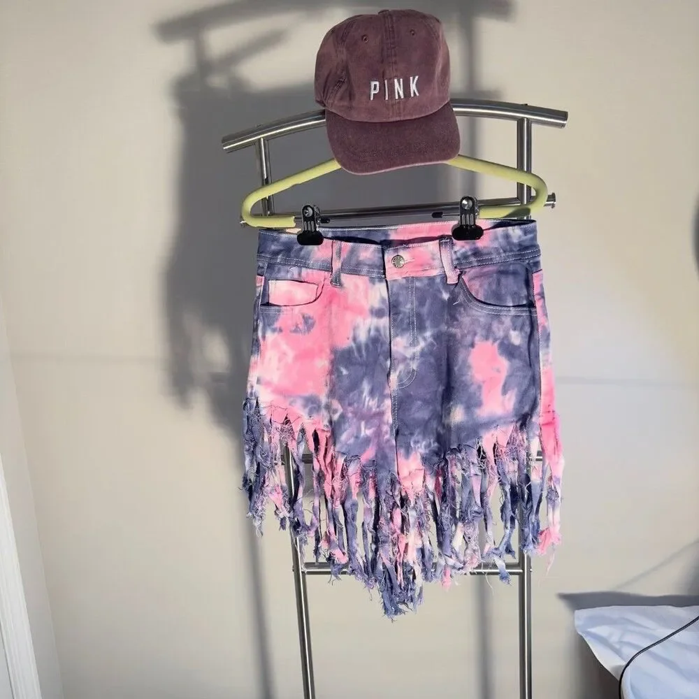 K I M Denim Fringe Shorts In Purple And Pink Tie Dye Print